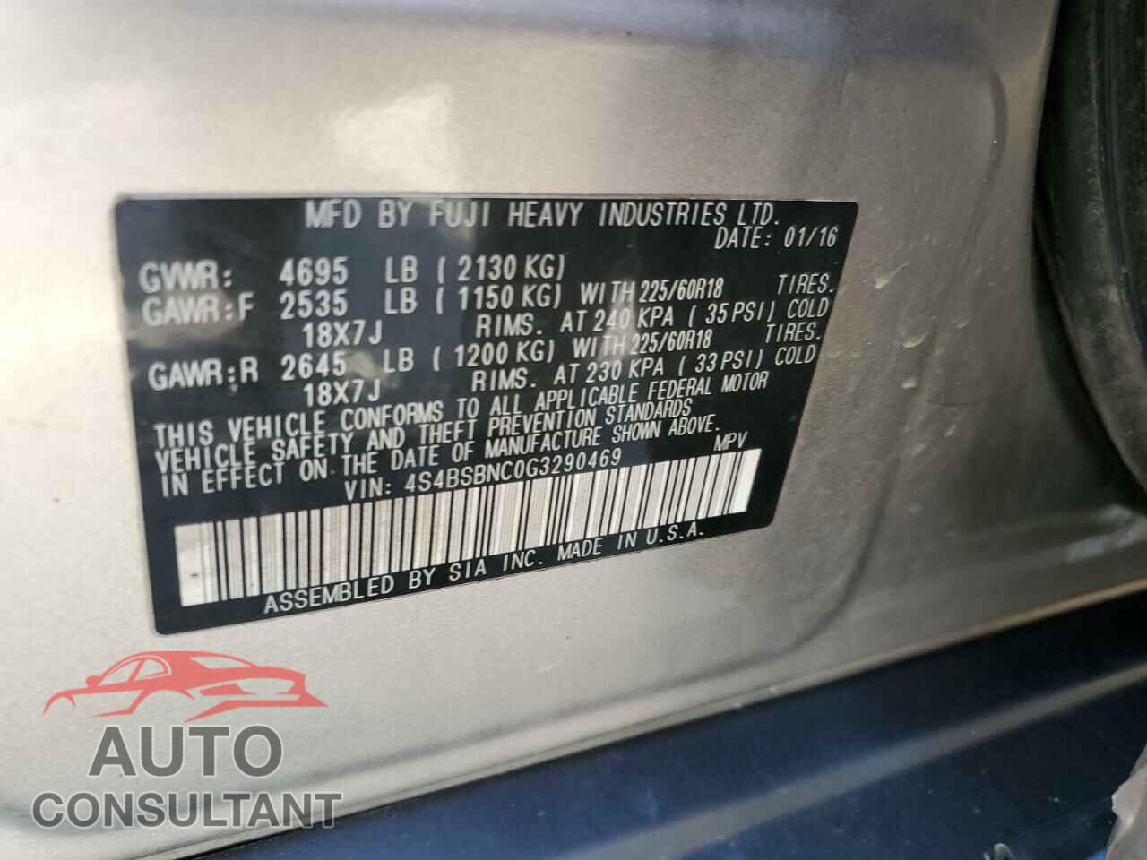 SUBARU OUTBACK 2016 - 4S4BSBNC0G3290469