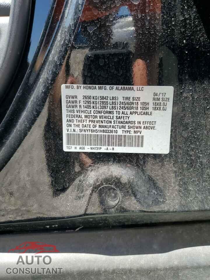 HONDA PILOT 2017 - 5FNYF6H51HB033610