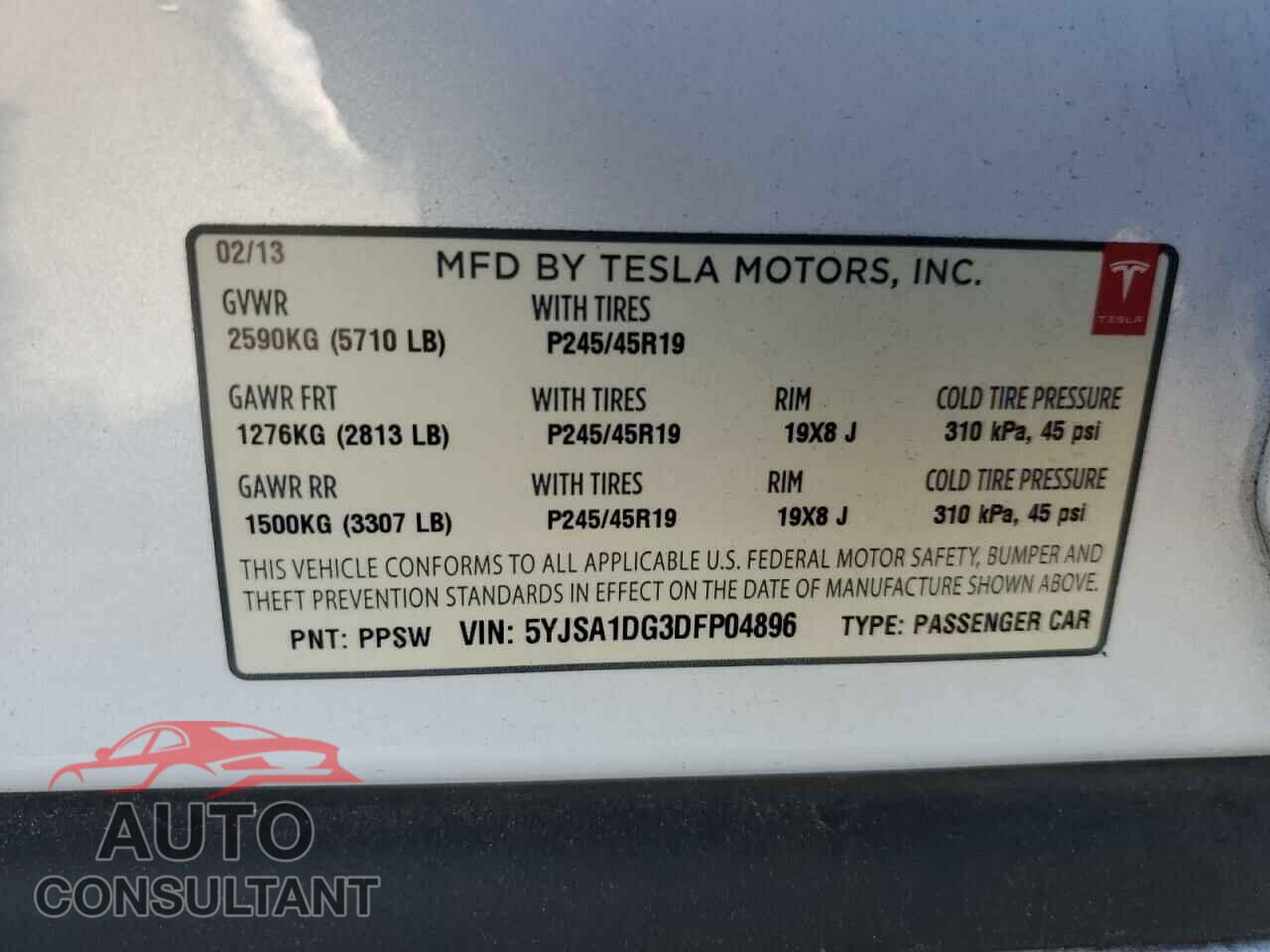 TESLA MODEL S 2013 - 5YJSA1DG3DFP04896