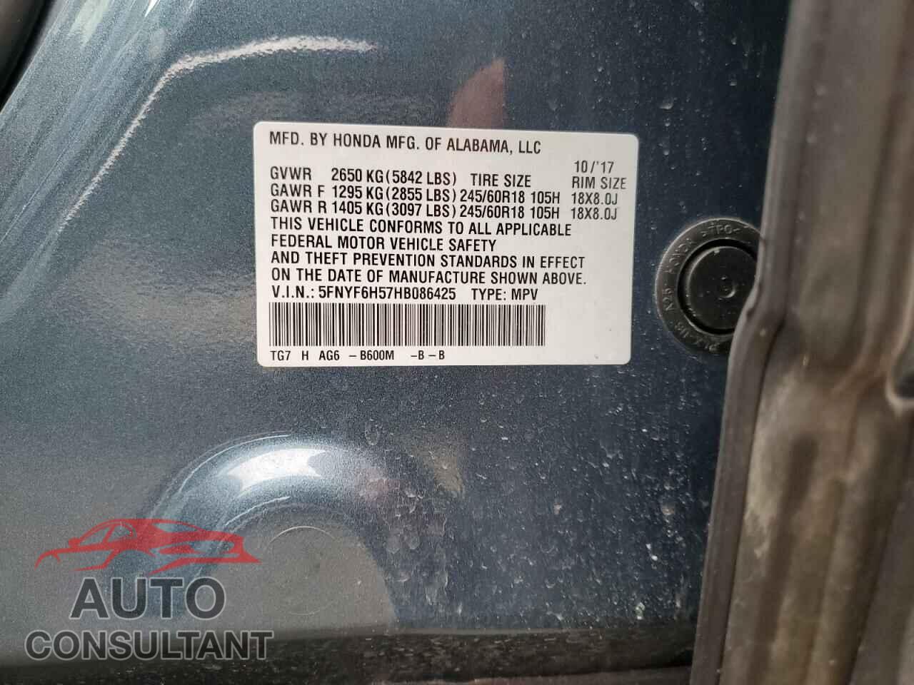 HONDA PILOT 2017 - 5FNYF6H57HB086425
