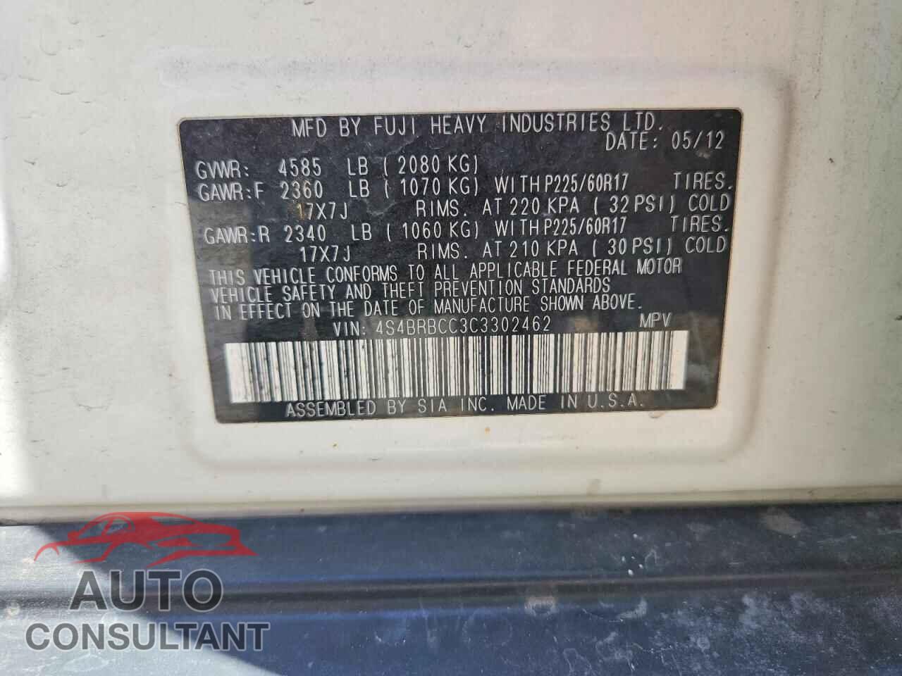 SUBARU OUTBACK 2012 - 4S4BRBCC3C3302462