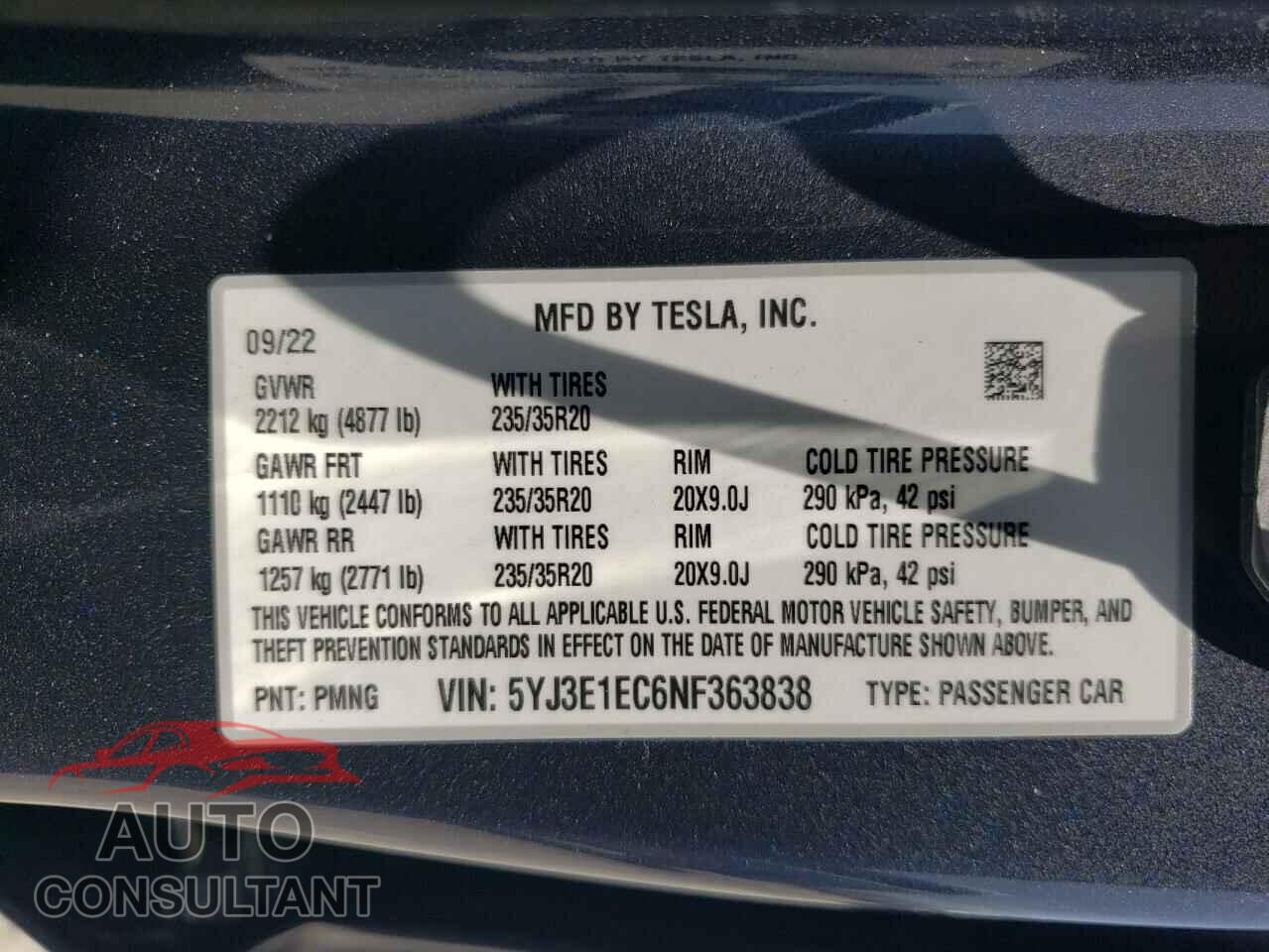 TESLA MODEL 3 2022 - 5YJ3E1EC6NF363838