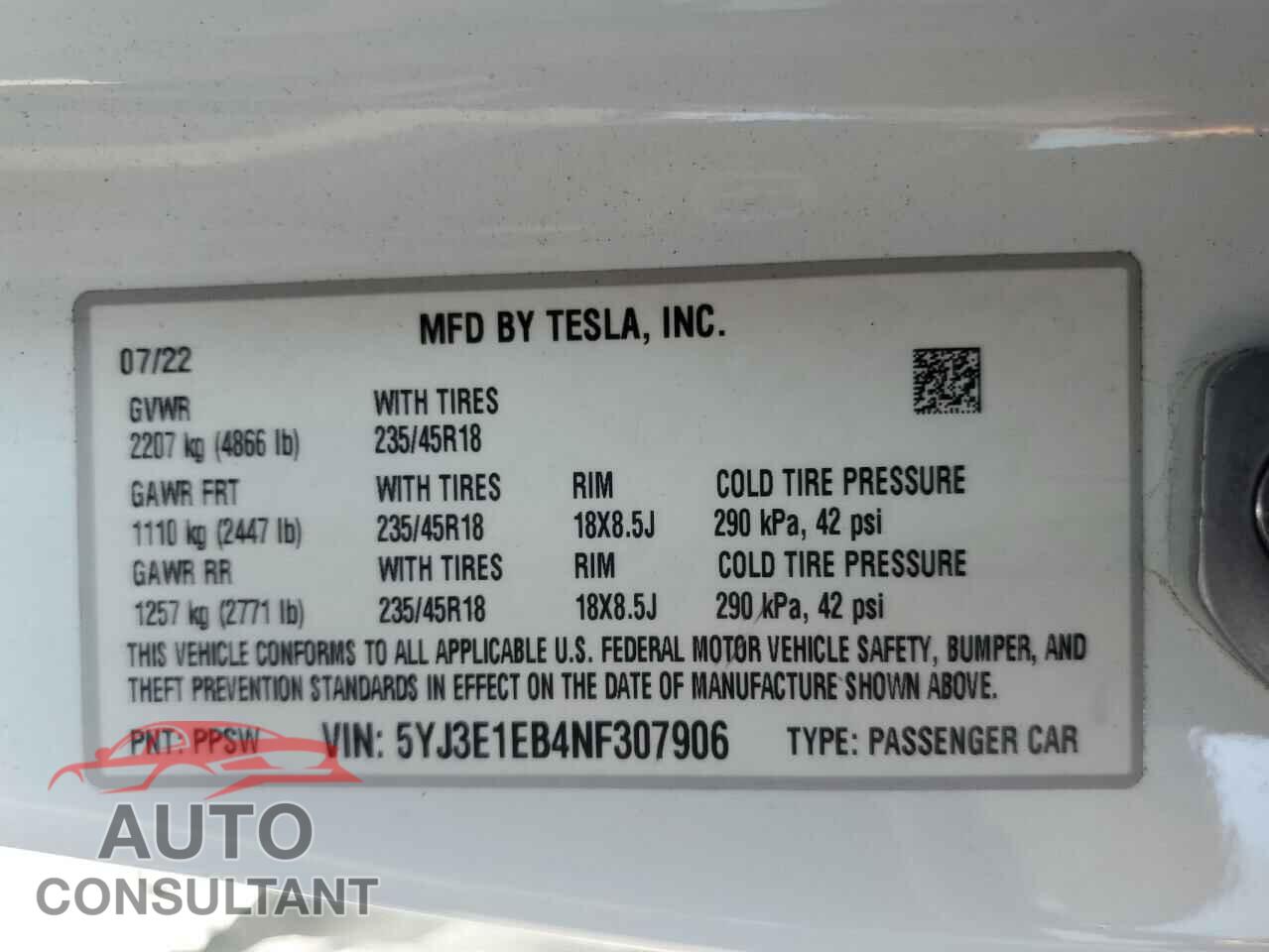 TESLA MODEL 3 2022 - 5YJ3E1EB4NF307906
