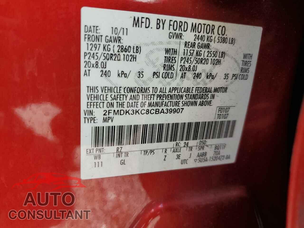 FORD EDGE 2012 - 2FMDK3KC8CBA39907