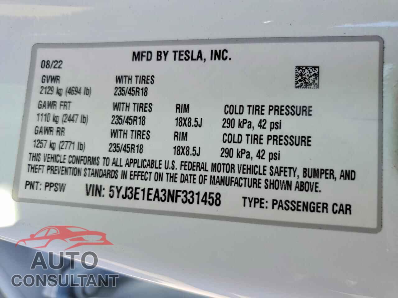 TESLA MODEL 3 2022 - 5YJ3E1EA3NF331458