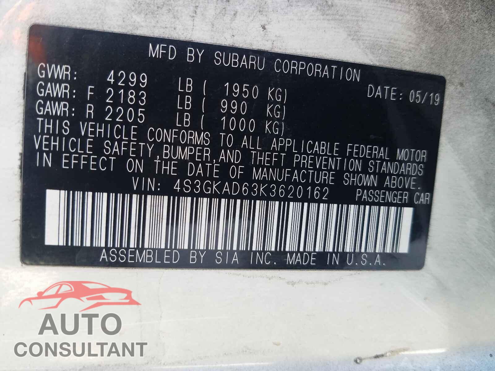 SUBARU IMPREZA 2019 - 4S3GKAD63K3620162