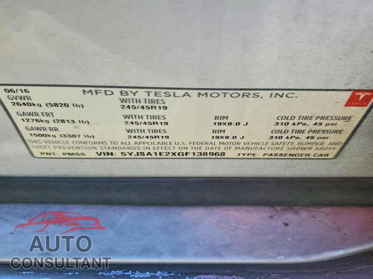 TESLA MODEL S 2016 - 5YJSA1E2XGF138968