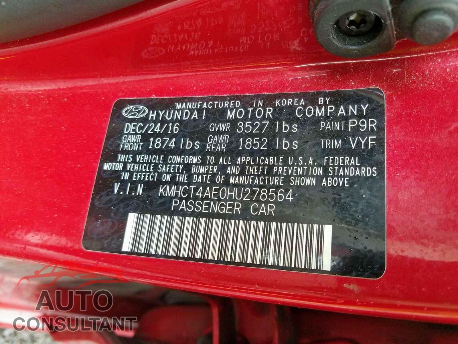 HYUNDAI ACCENT 2017 - KMHCT4AE0HU278564