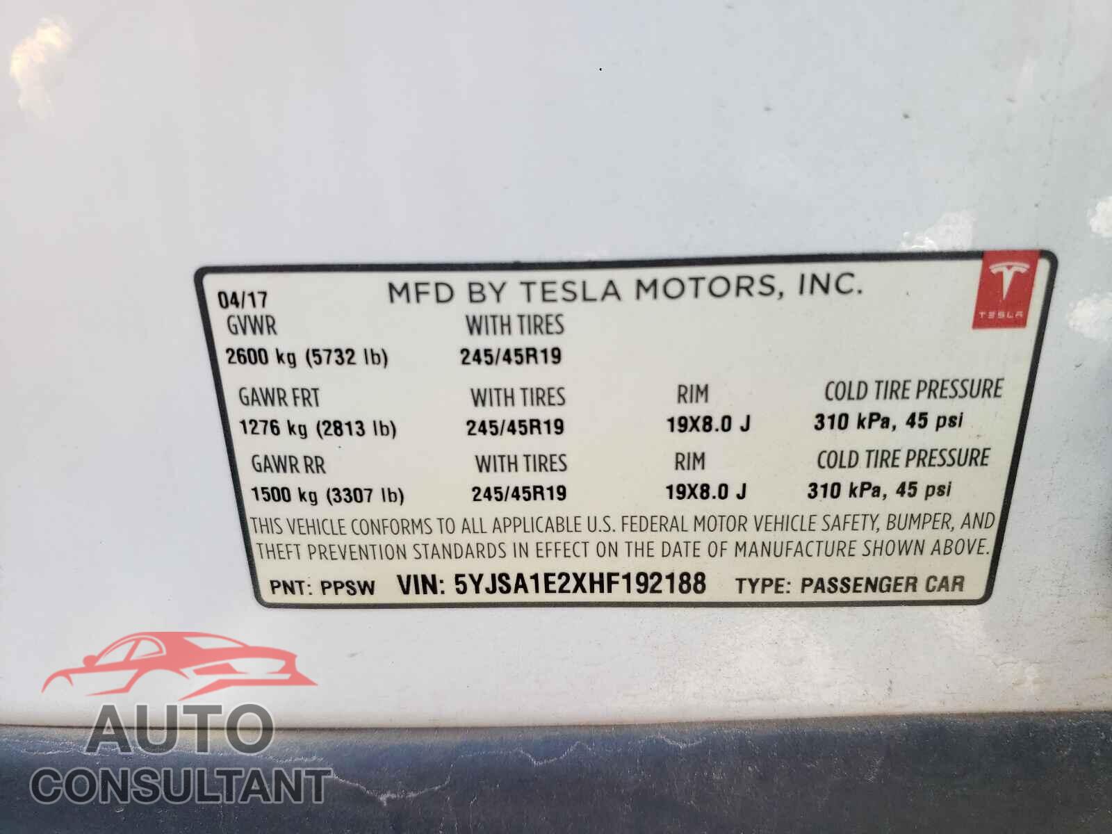 TESLA MODEL S 2017 - 5YJSA1E2XHF192188