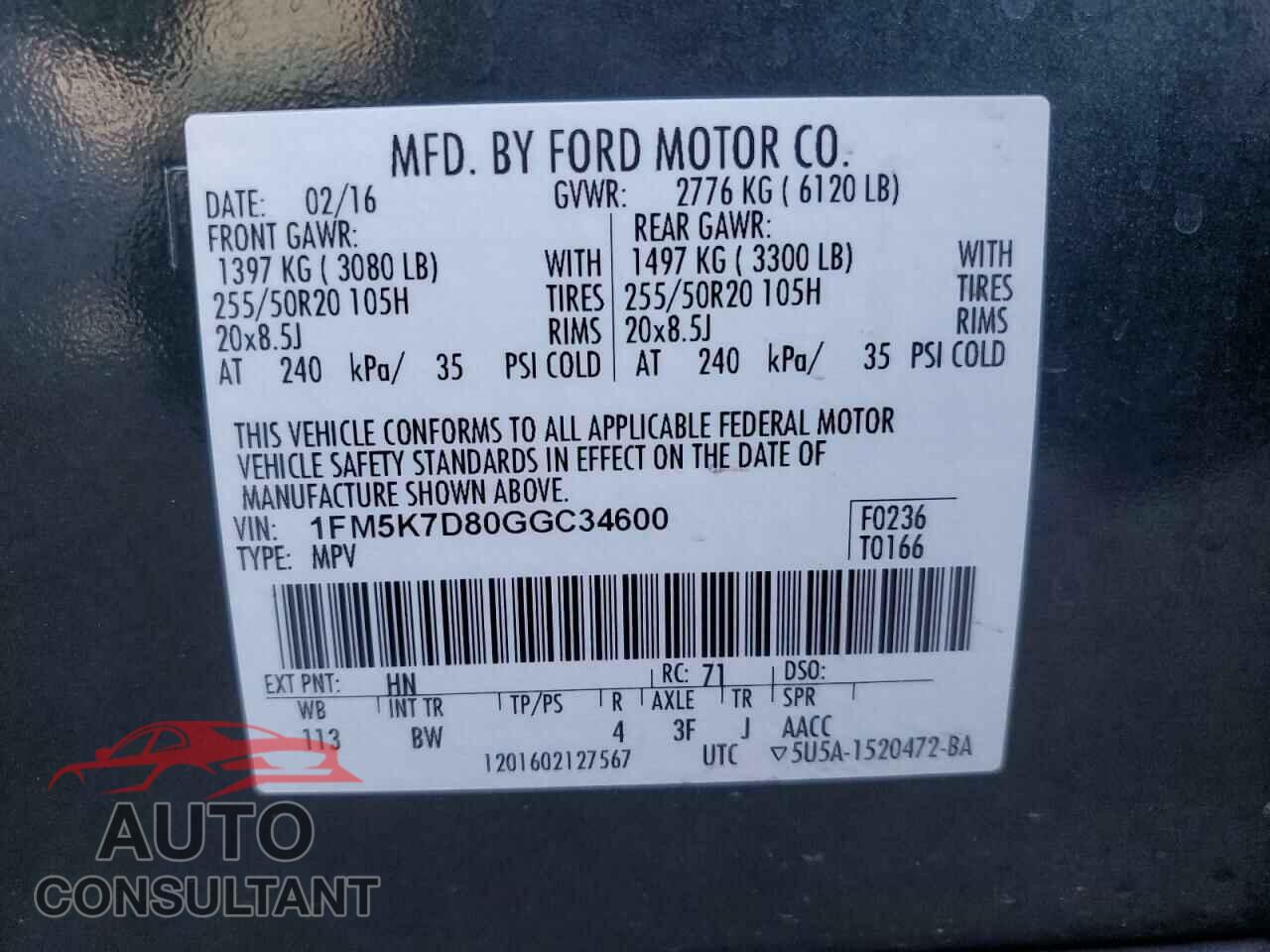 FORD EXPLORER 2016 - 1FM5K7D80GGC34600