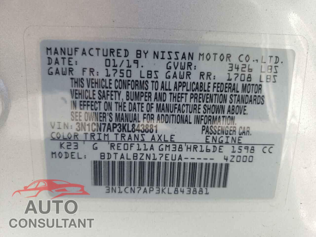 NISSAN VERSA 2019 - 3N1CN7AP3KL843881