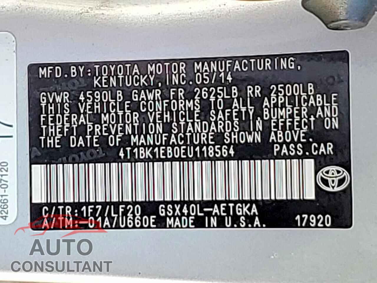 TOYOTA AVALON 2014 - 4T1BK1EB0EU118564