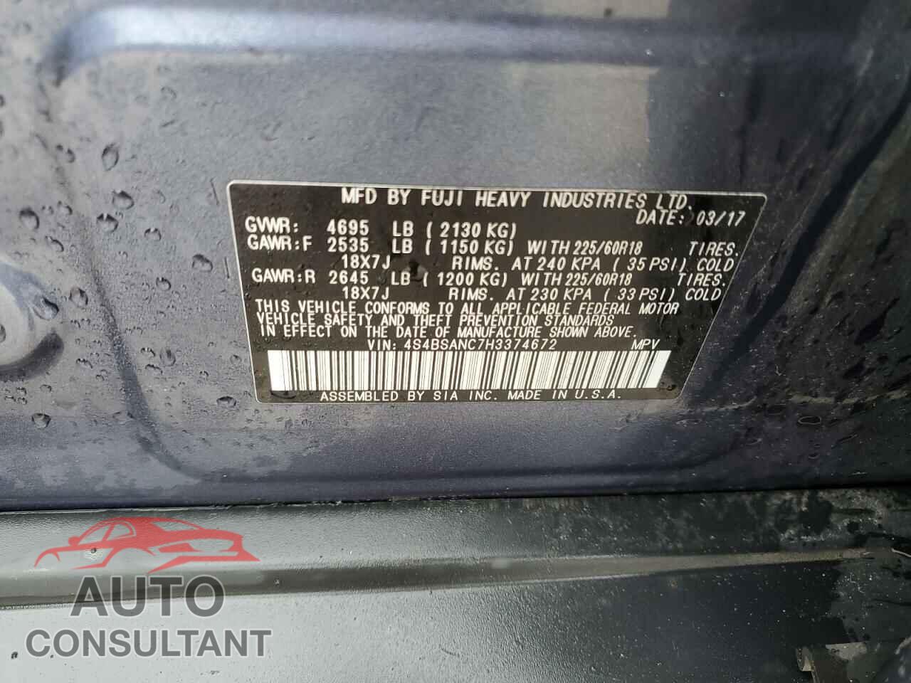 SUBARU OUTBACK 2017 - 4S4BSANC7H3374672