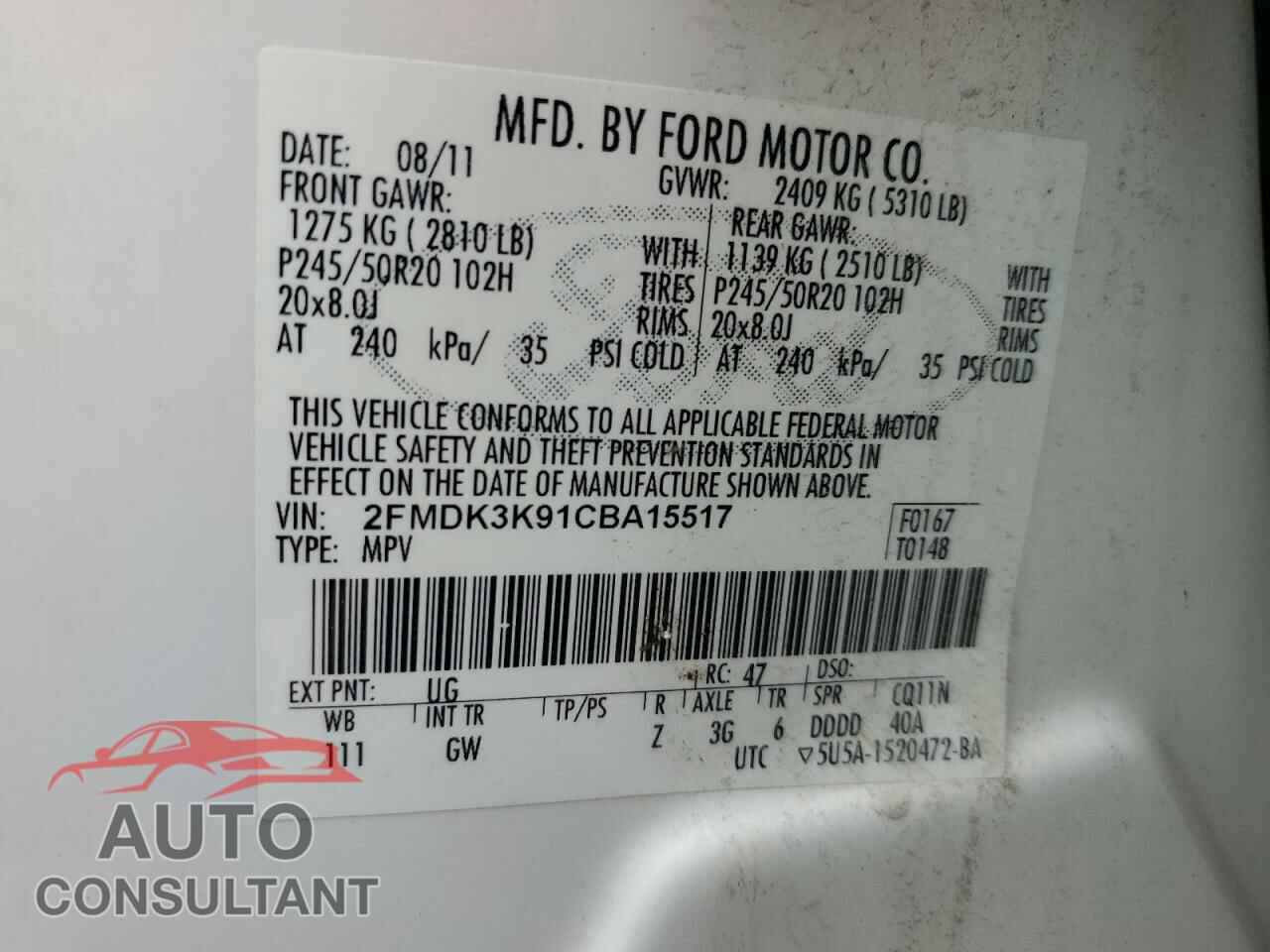 FORD EDGE 2012 - 2FMDK3K91CBA15517