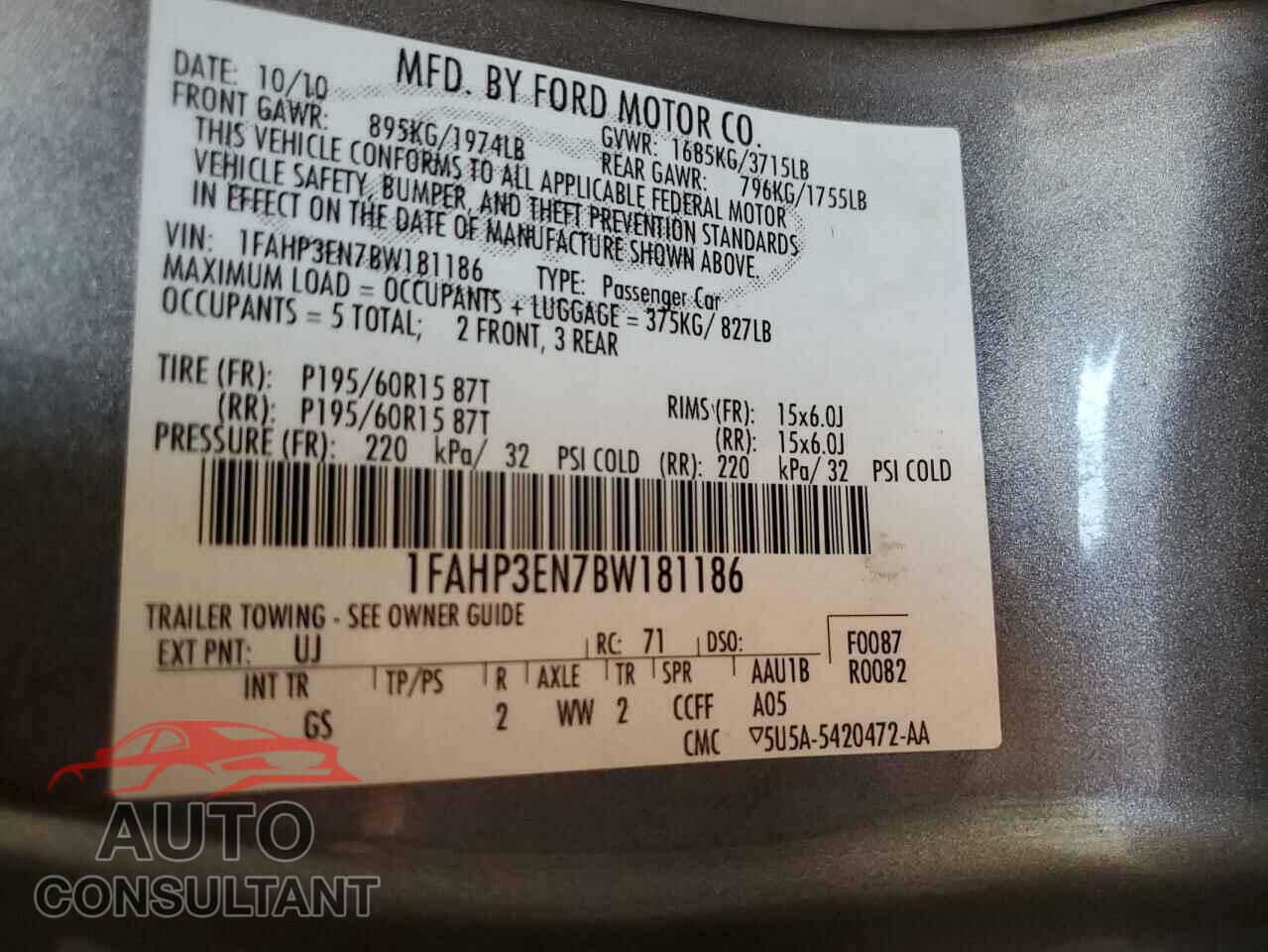 FORD FOCUS 2011 - 1FAHP3EN7BW181186