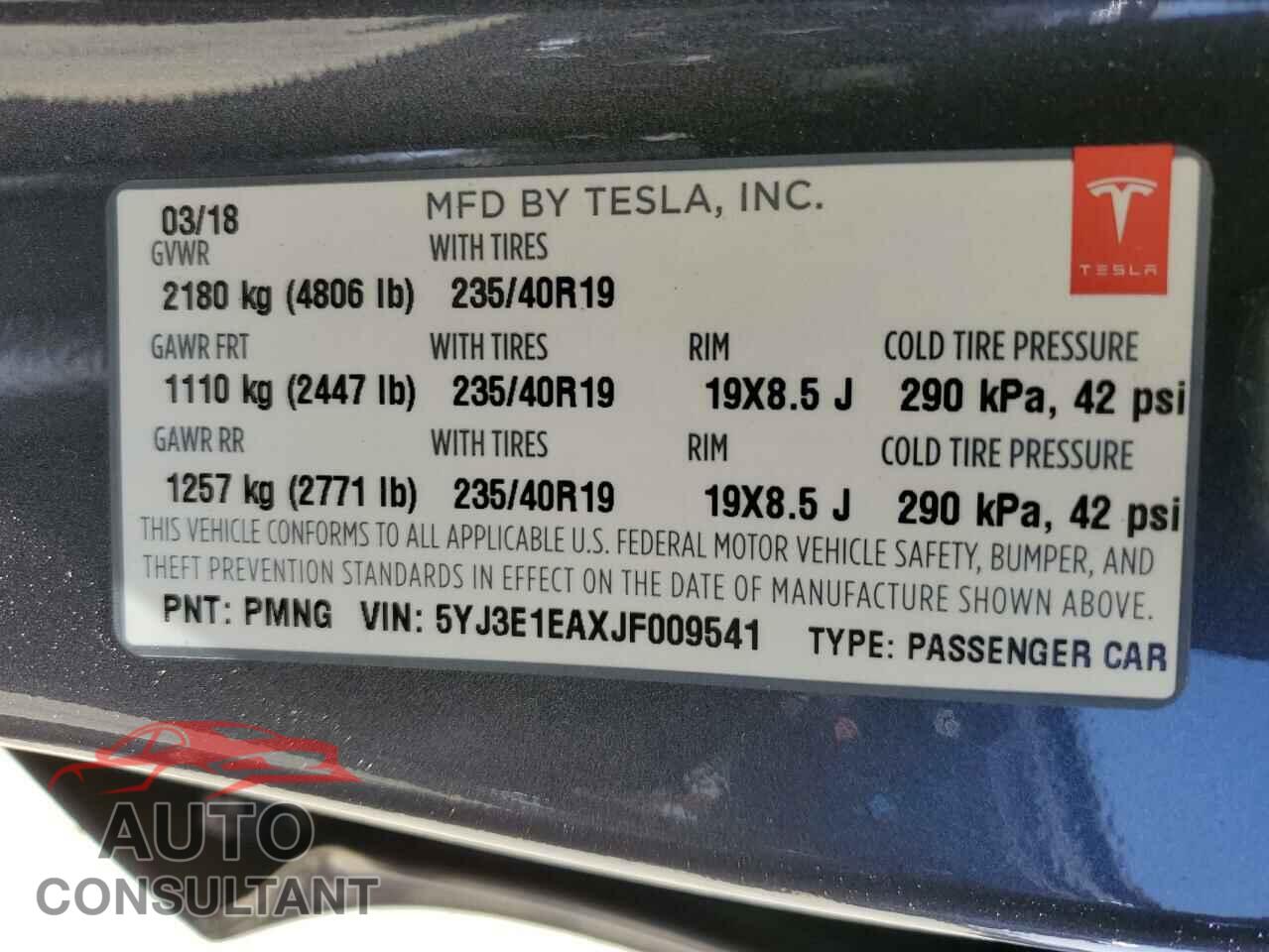 TESLA MODEL 3 2018 - 5YJ3E1EAXJF009541