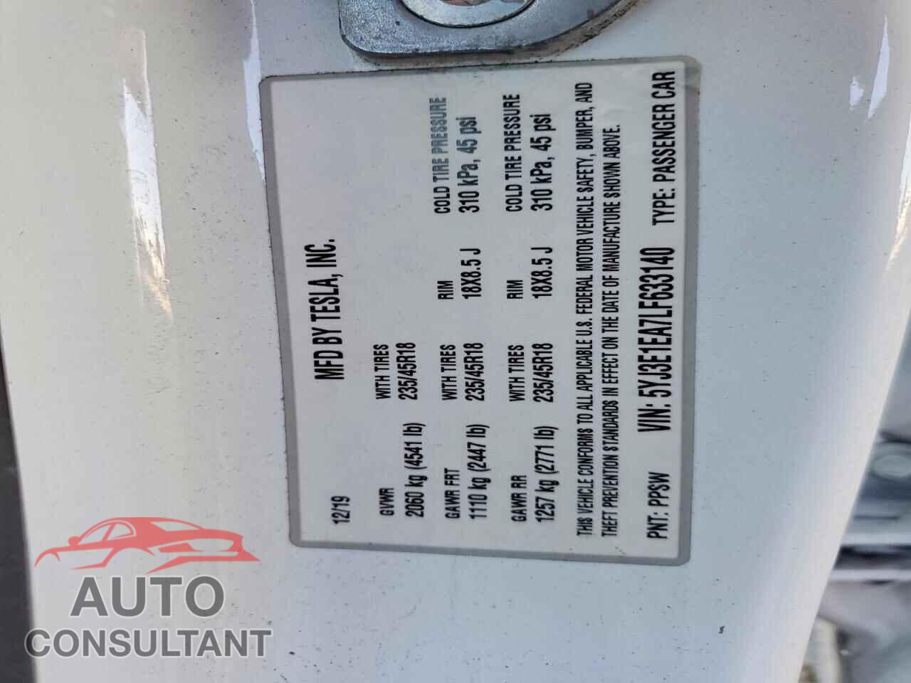TESLA MODEL 3 2020 - 5YJ3E1EA7LF633140