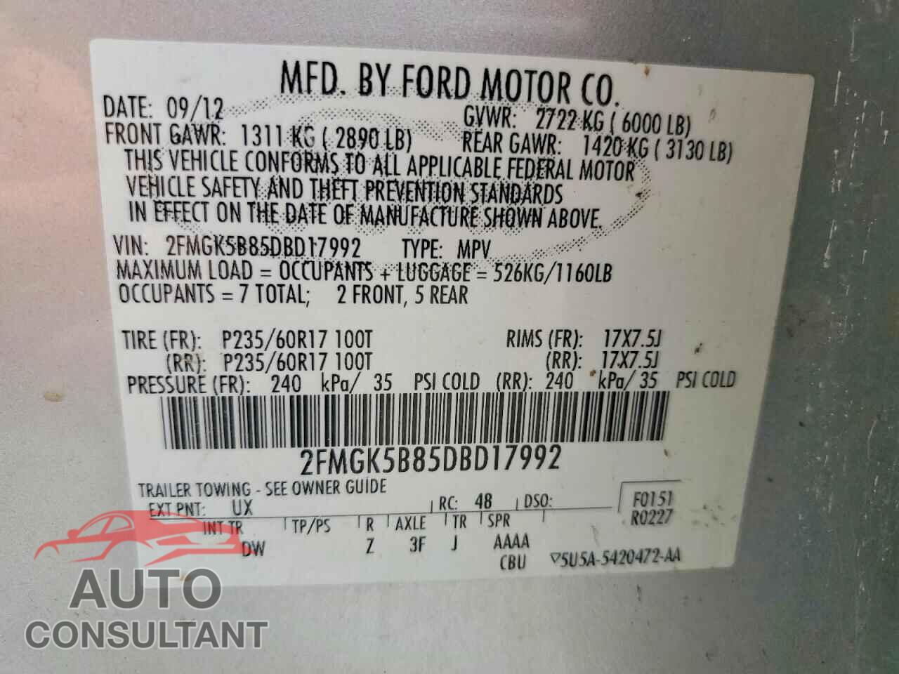 FORD FLEX 2013 - 2FMGK5B85DBD17992
