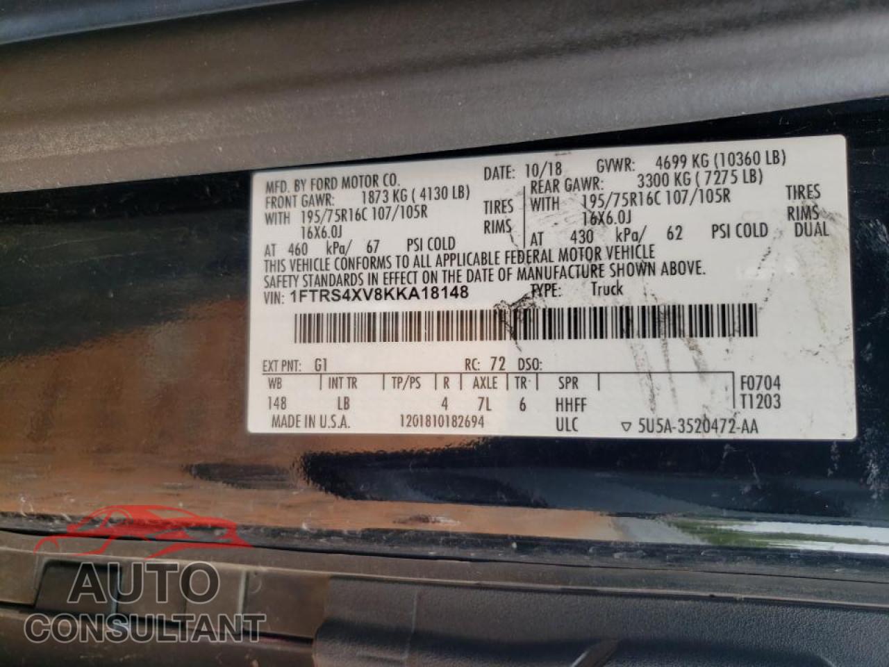 FORD TRANSIT 2019 - 1FTRS4XV8KKA18148