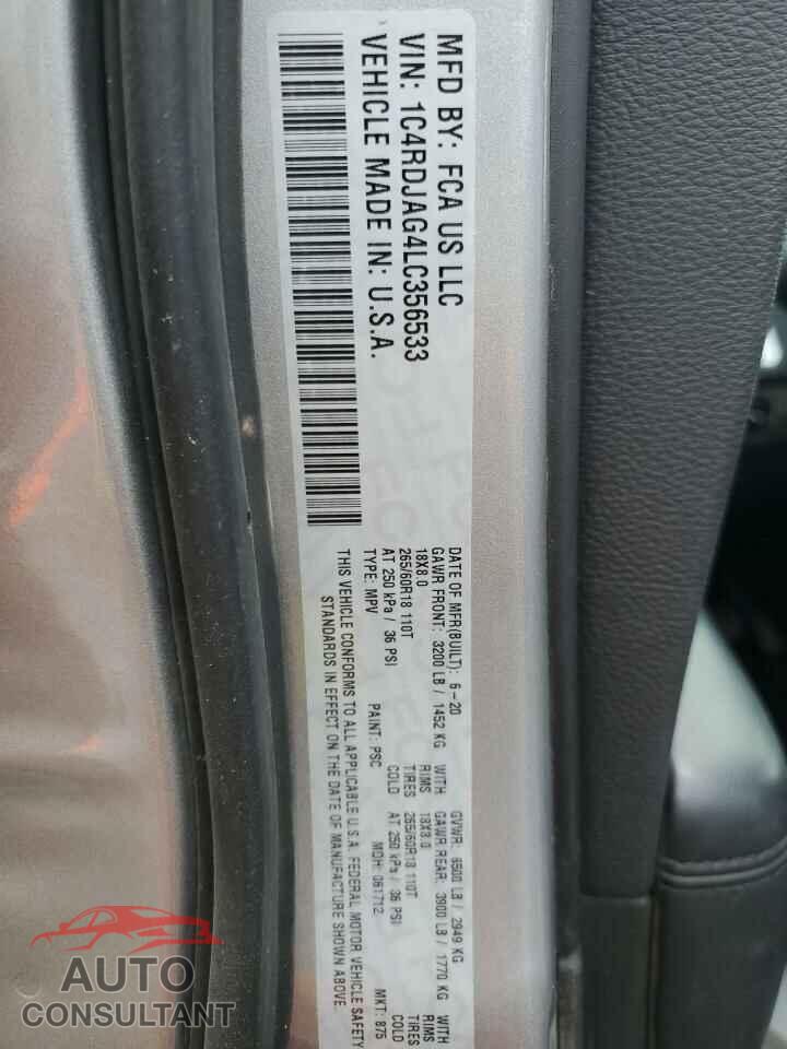 DODGE DURANGO 2020 - 1C4RDJAG4LC356533
