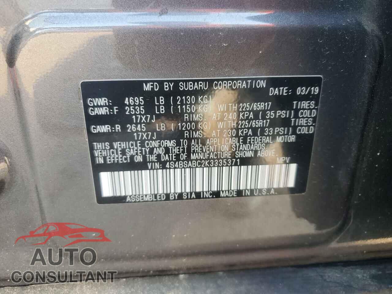 SUBARU OUTBACK 2019 - 4S4BSABC2K3335371
