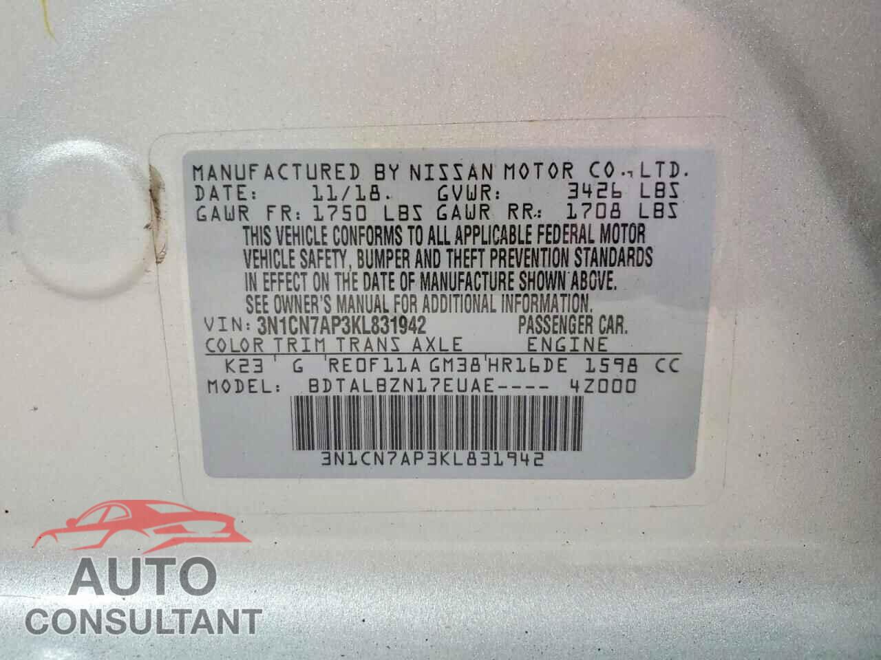 NISSAN VERSA 2019 - 3N1CN7AP3KL831942