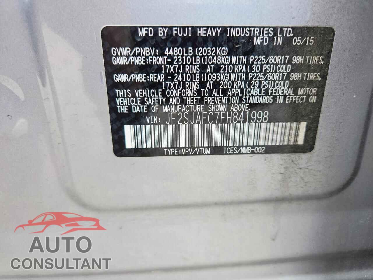 SUBARU FORESTER 2015 - JF2SJAFC7FH841998