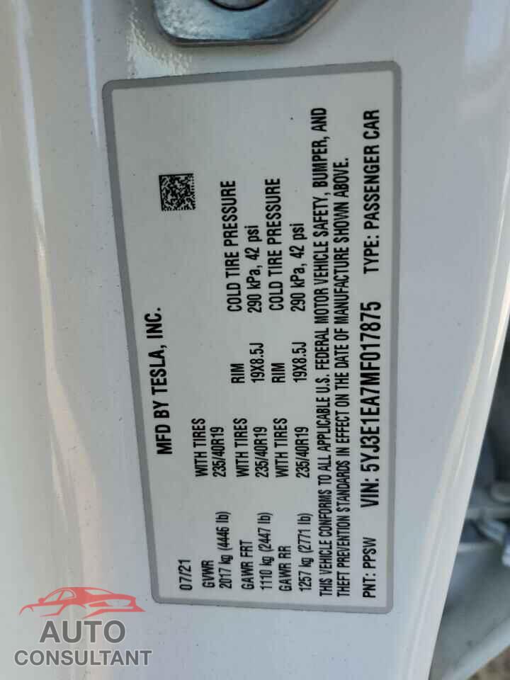 TESLA MODEL 3 2021 - 5YJ3E1EA7MF017875