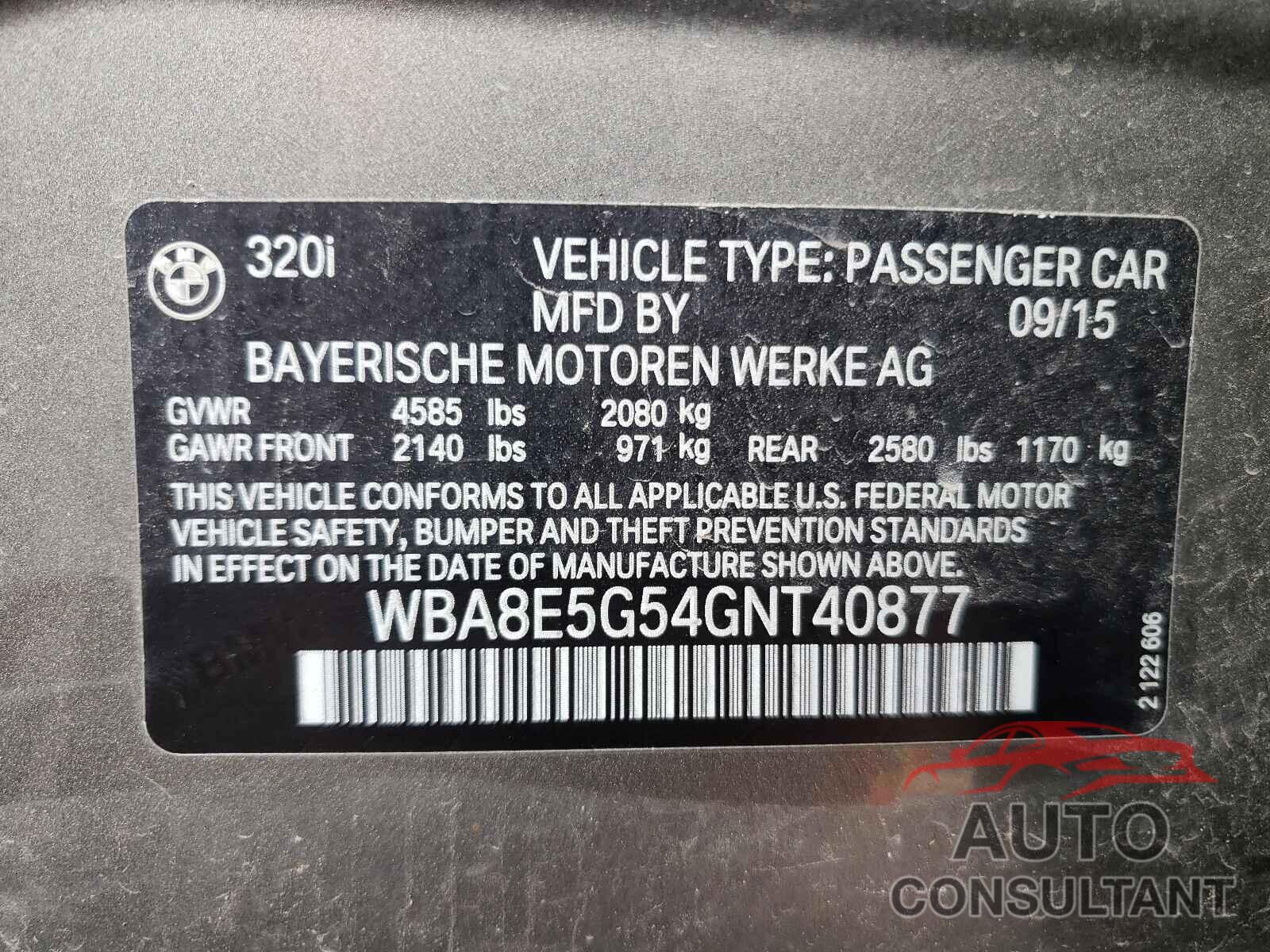 BMW 3 SERIES 2016 - WBA8E5G54GNT40877