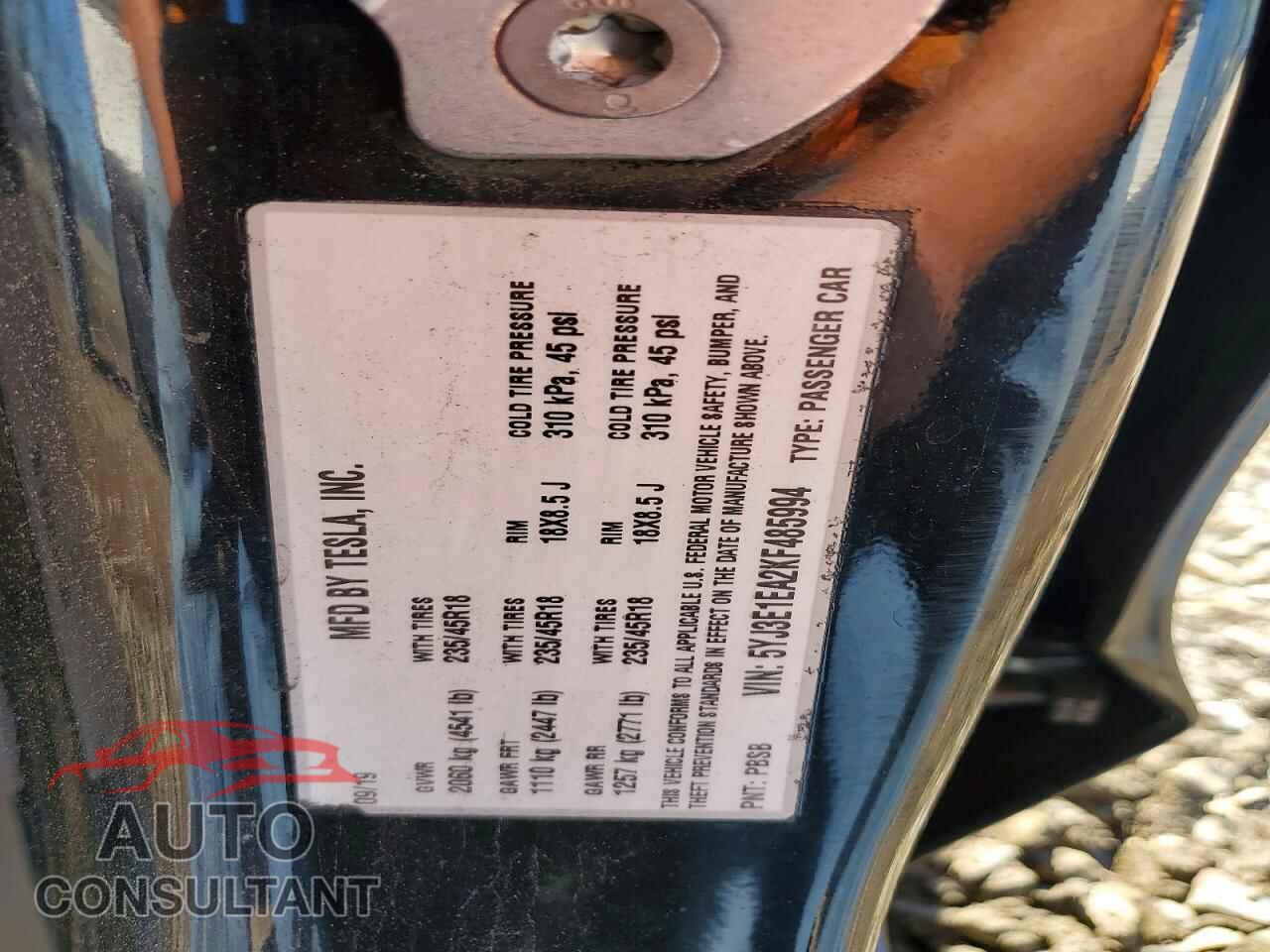 TESLA MODEL 3 2019 - 5YJ3E1EA2KF485994