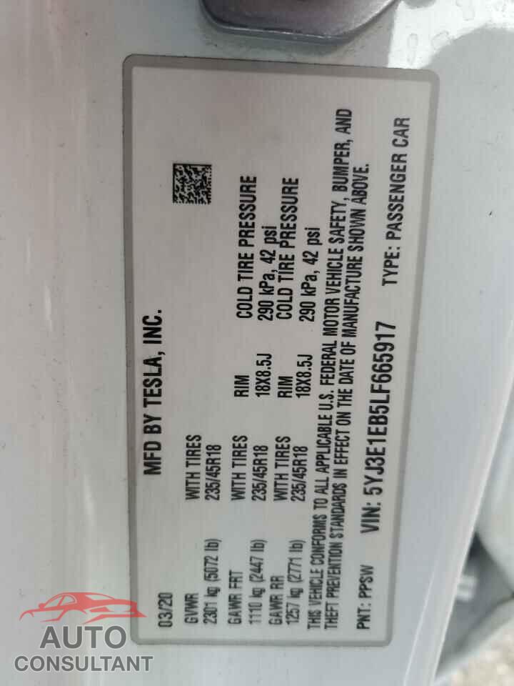 TESLA MODEL 3 2020 - 5YJ3E1EB5LF665917