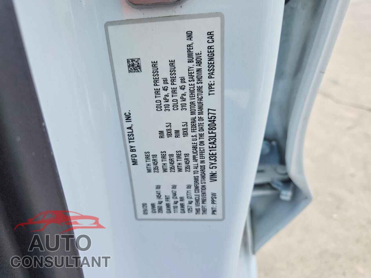 TESLA MODEL 3 2020 - 5YJ3E1EA3LF804577