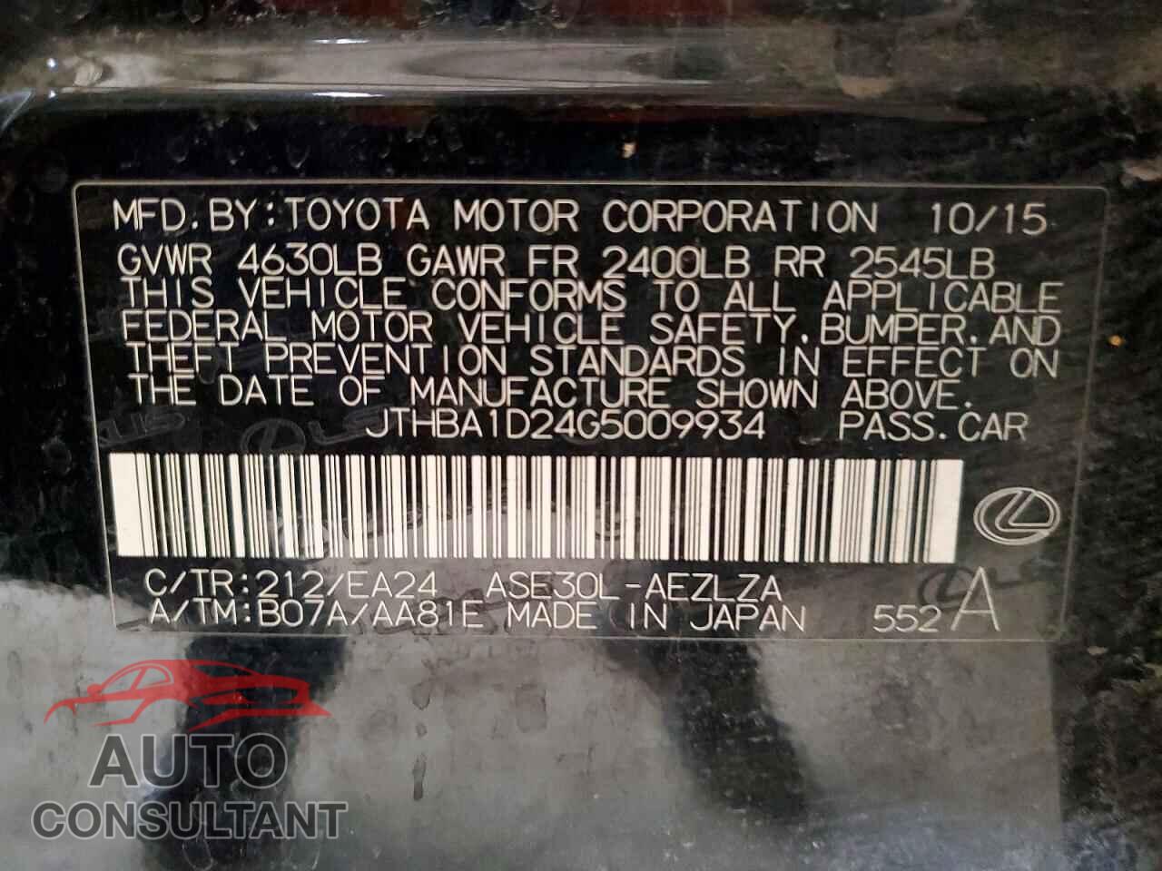 LEXUS IS 2016 - JTHBA1D24G5009934