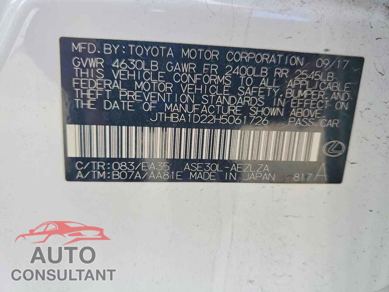 LEXUS IS 2017 - JTHBA1D22H5061726