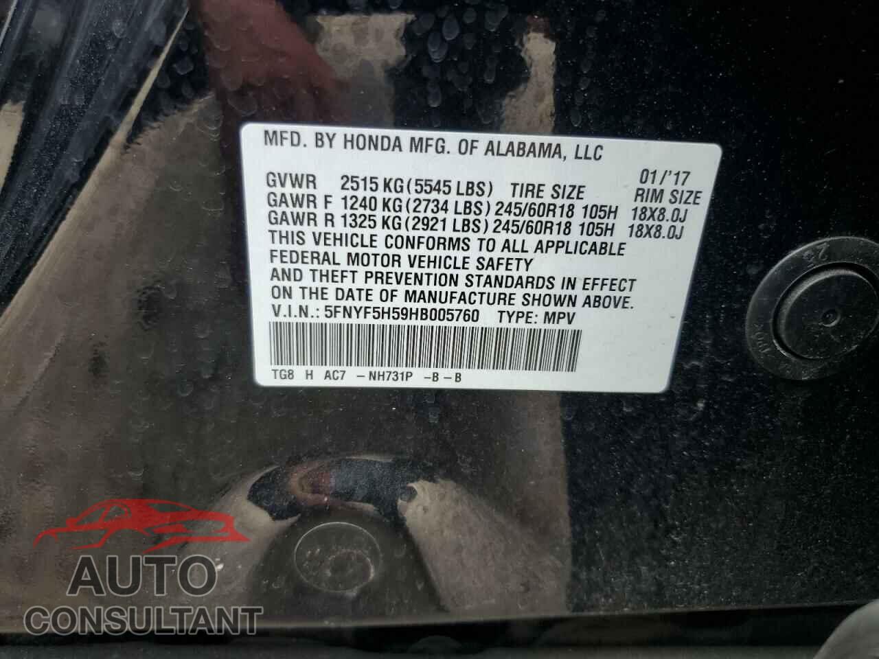 HONDA PILOT 2017 - 5FNYF5H59HB005760