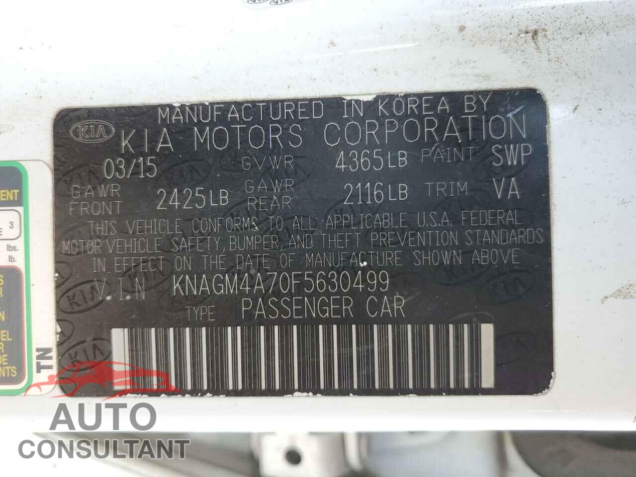 KIA OPTIMA 2015 - KNAGM4A70F5630499