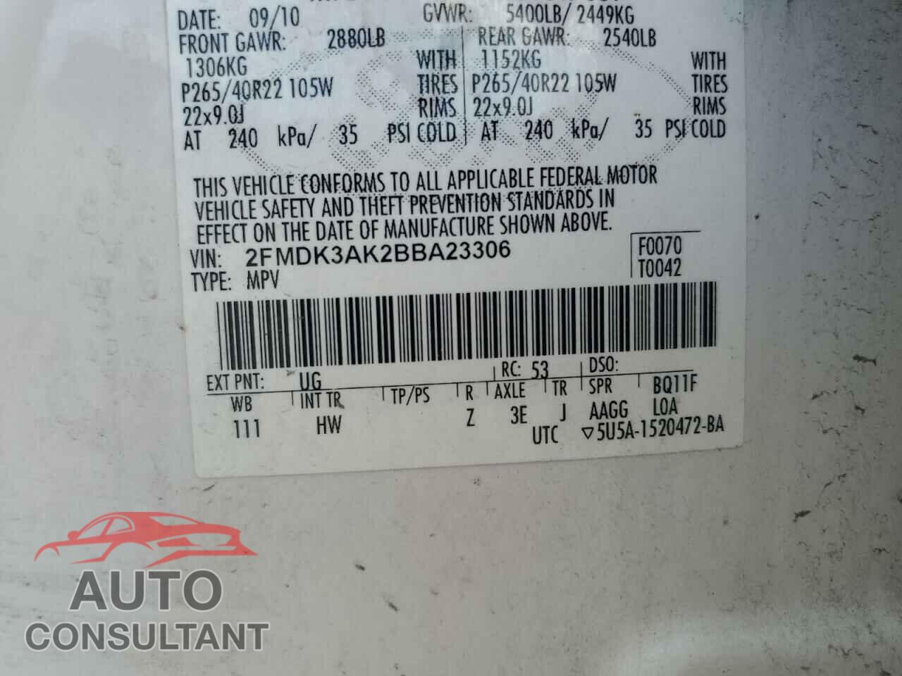 FORD EDGE 2011 - 2FMDK3AK2BBA23306