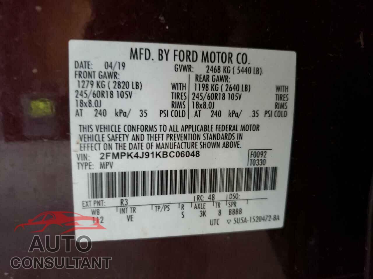 FORD EDGE 2019 - 2FMPK4J91KBC06048