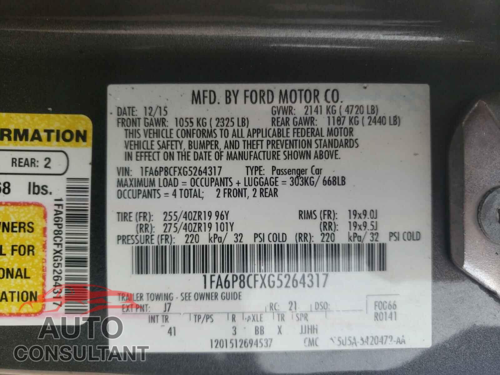 FORD MUSTANG 2016 - 1FA6P8CFXG5264317