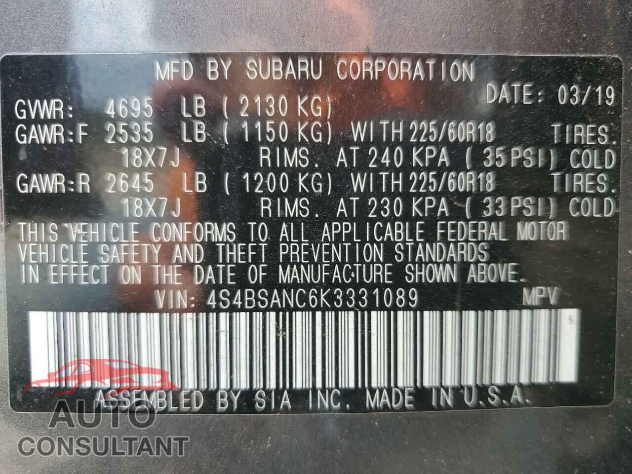 SUBARU OUTBACK 2019 - 4S4BSANC6K3331089