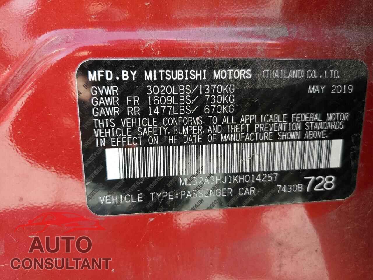 MITSUBISHI MIRAGE 2019 - ML32A3HJ1KH014257