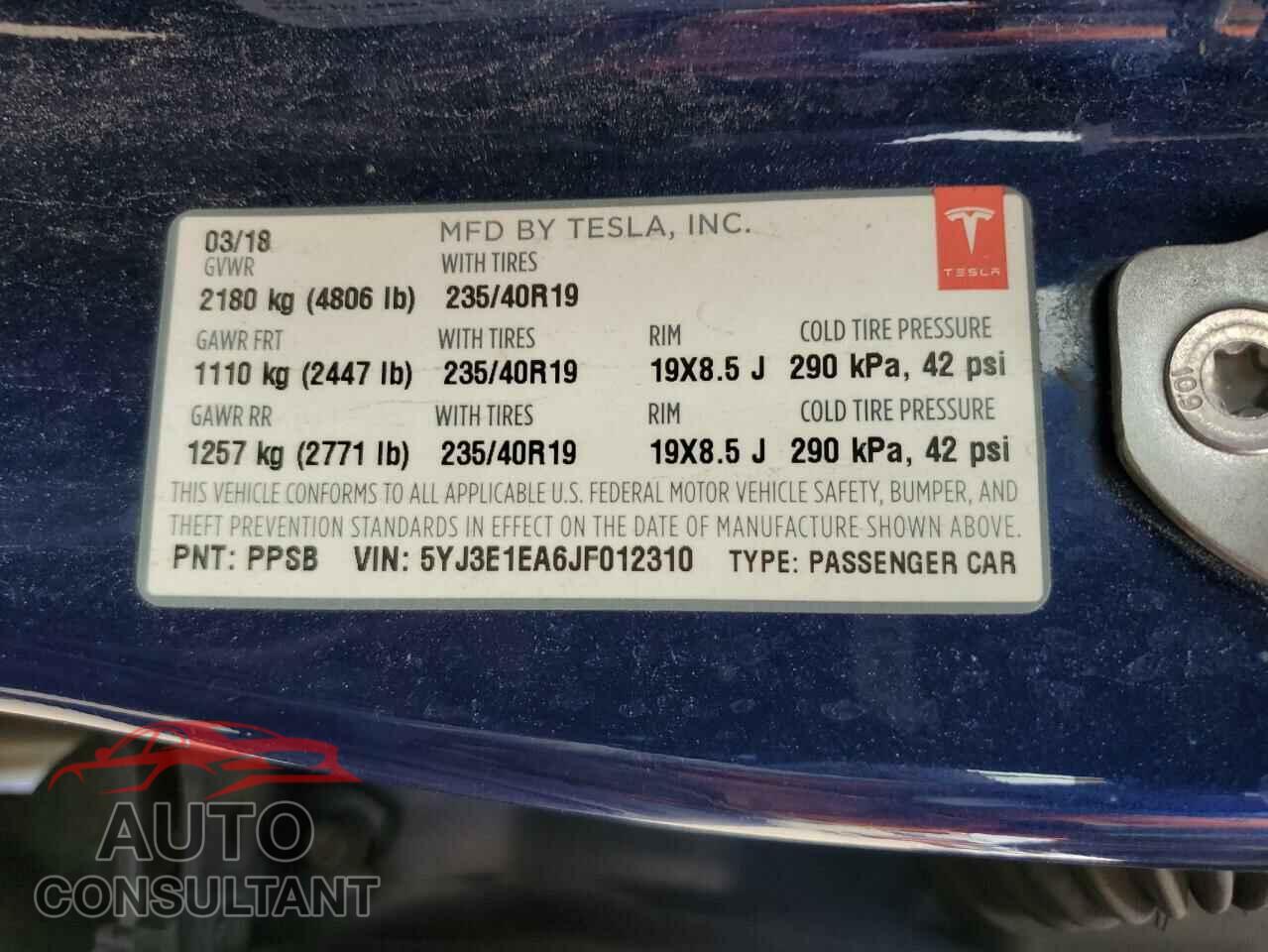 TESLA MODEL 3 2018 - 5YJ3E1EA6JF012310