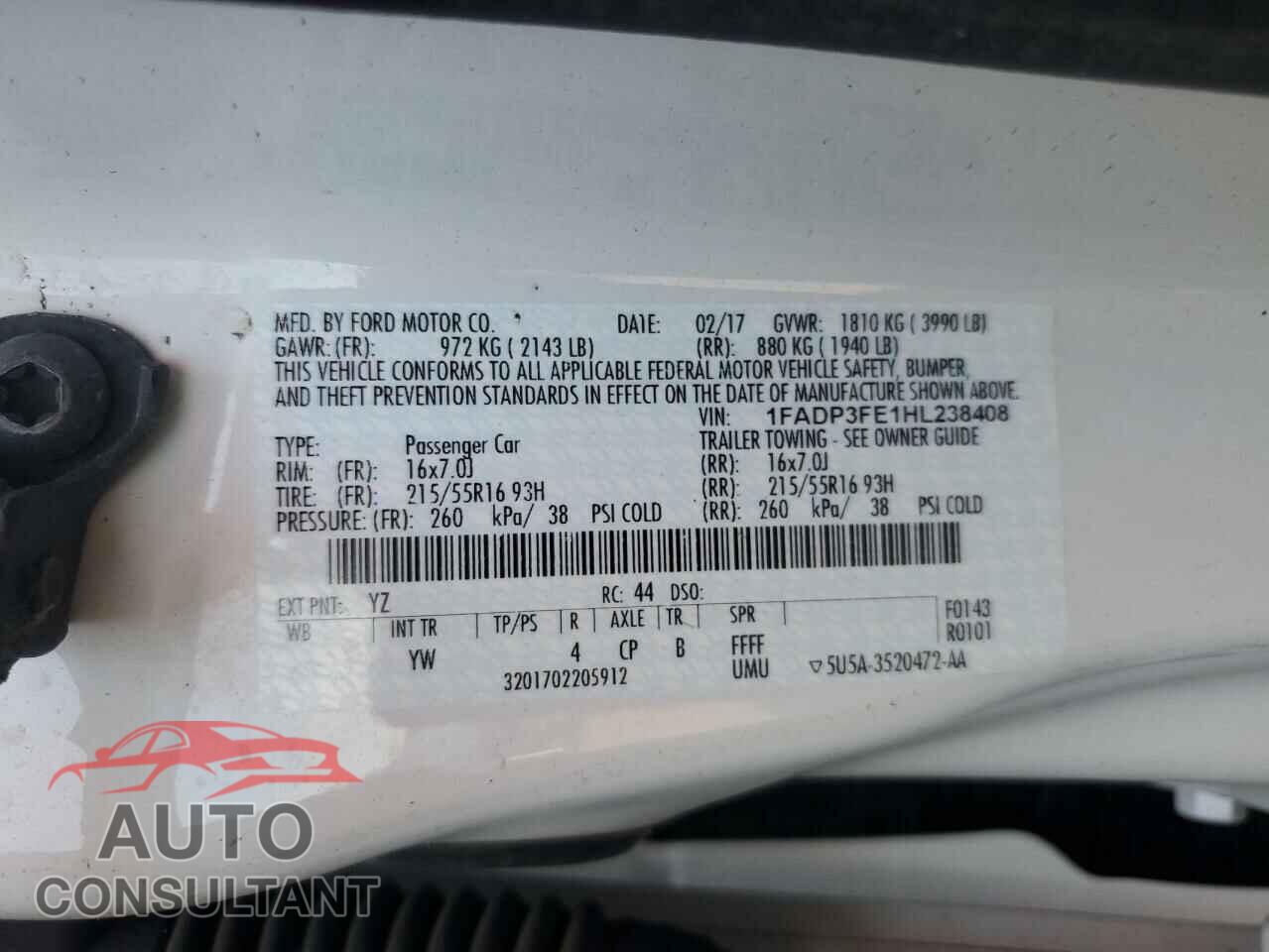 FORD FOCUS 2017 - 1FADP3FE1HL238408