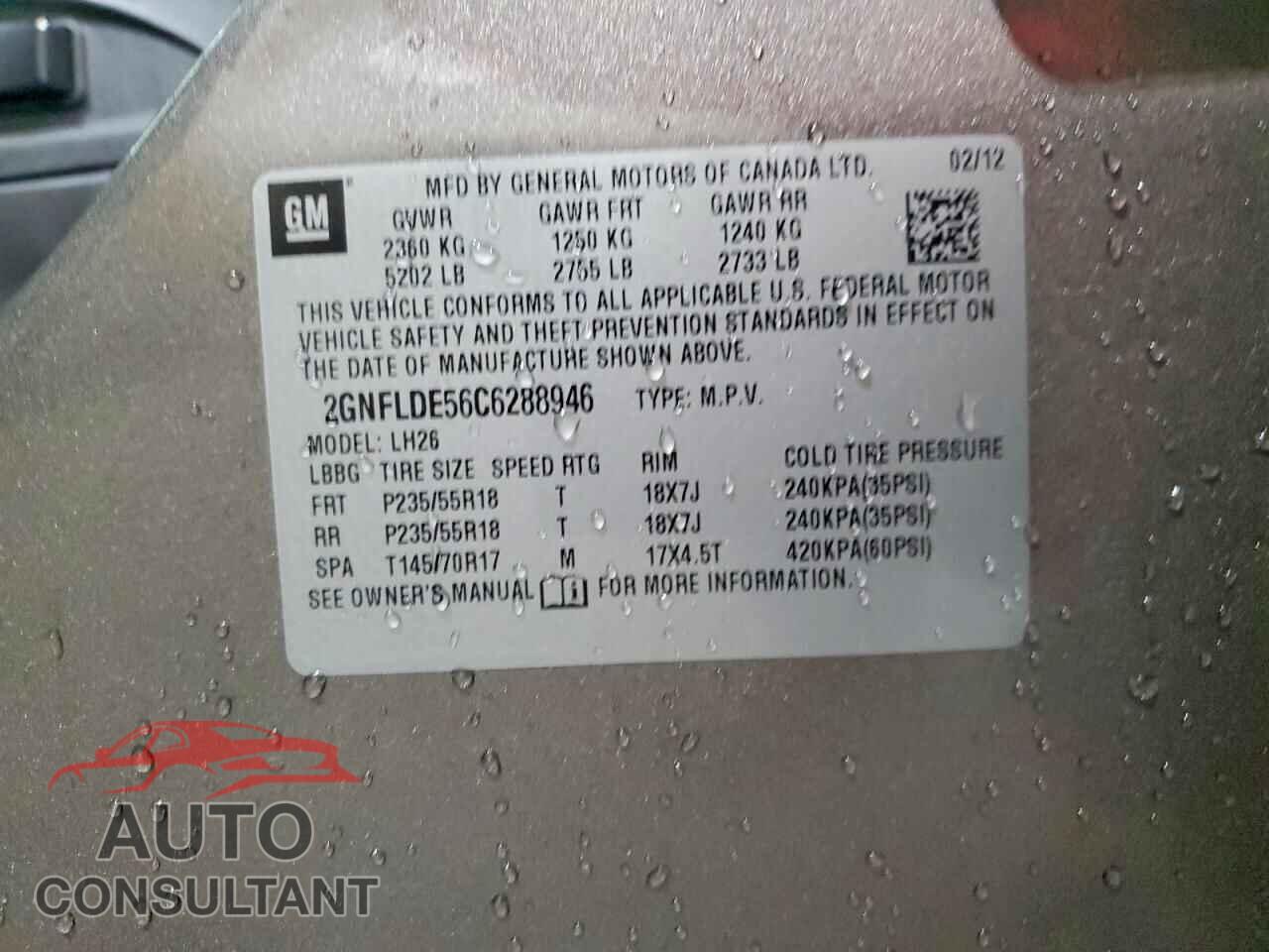CHEVROLET EQUINOX 2012 - 2GNFLDE56C6288946