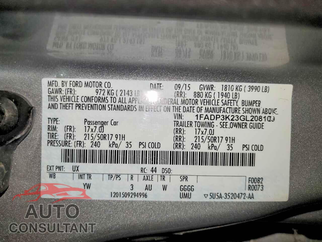 FORD FOCUS 2016 - 1FADP3K23GL208109