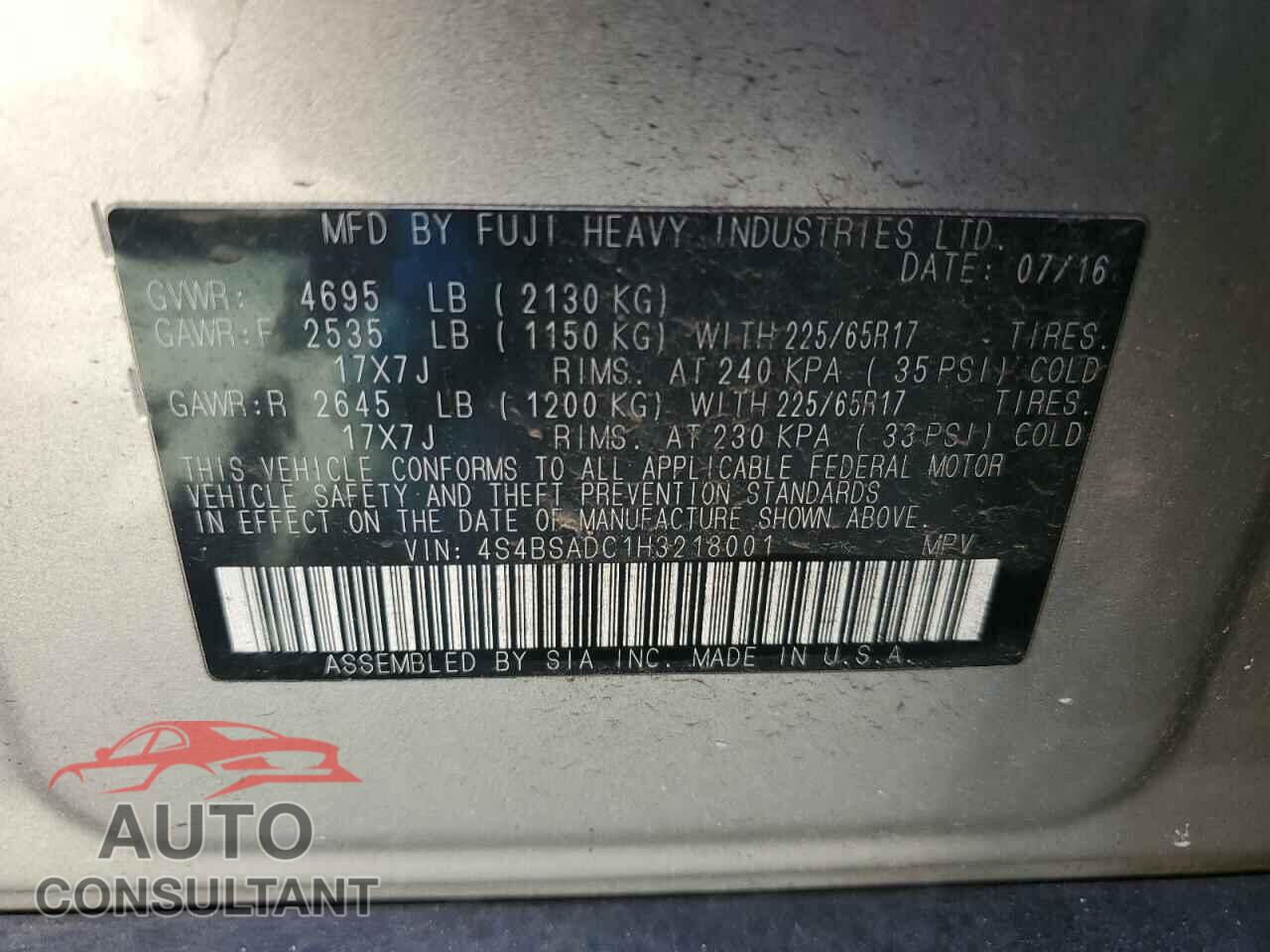 SUBARU OUTBACK 2017 - 4S4BSADC1H3218001