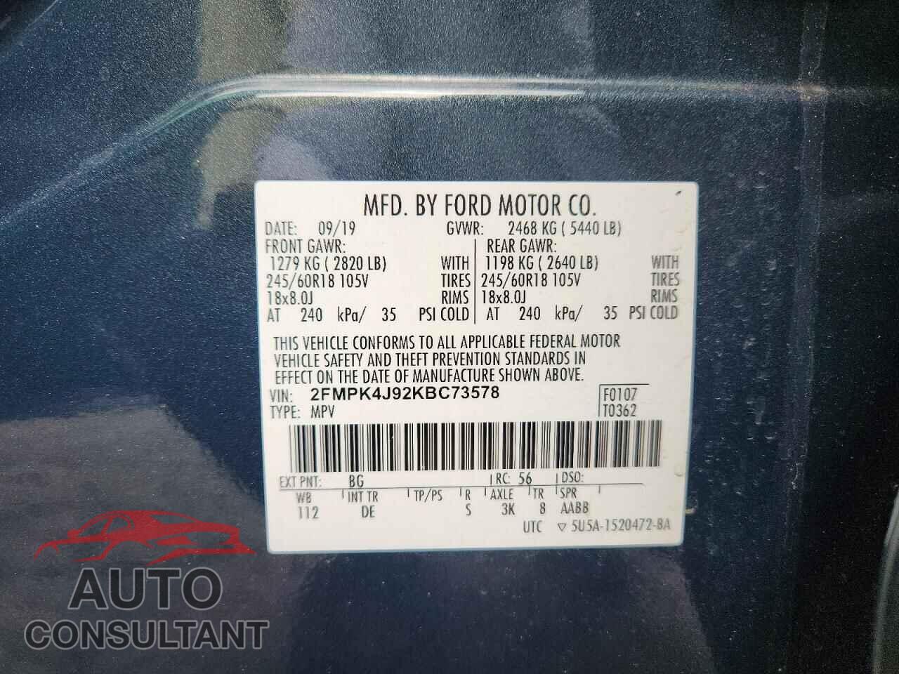 FORD EDGE 2019 - 2FMPK4J92KBC73578