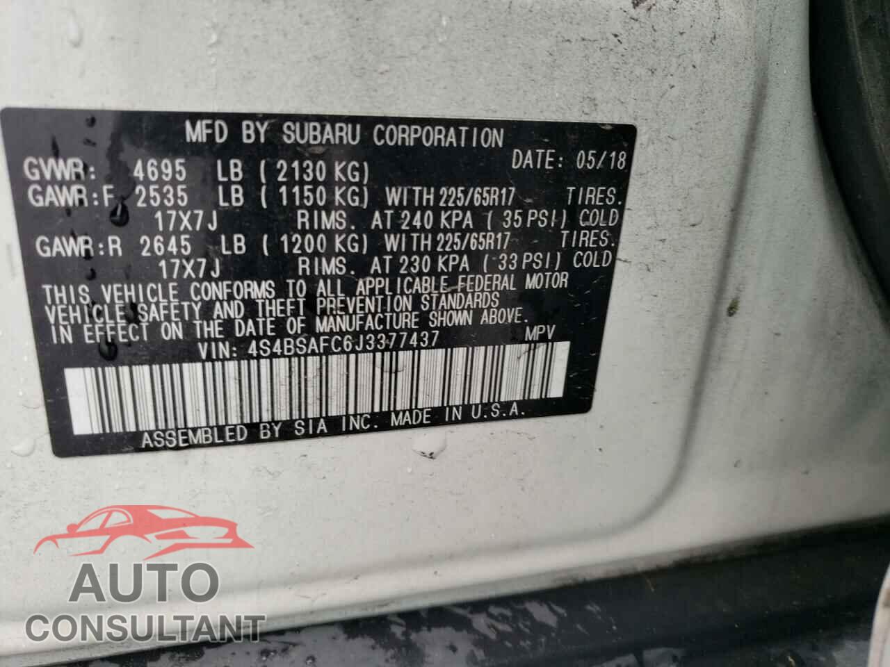 SUBARU OUTBACK 2018 - 4S4BSAFC6J3377437