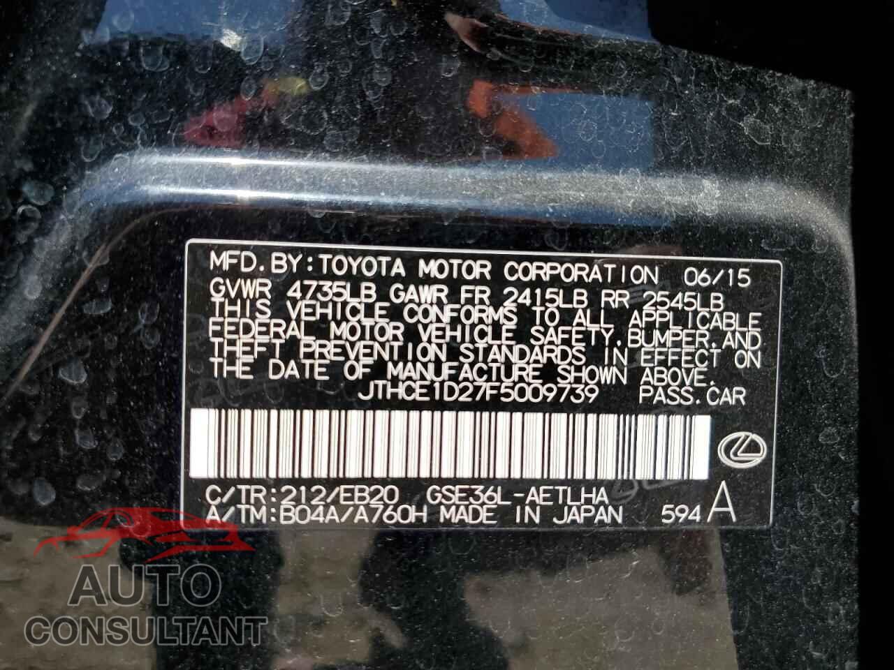 LEXUS IS 2015 - JTHCE1D27F5009739