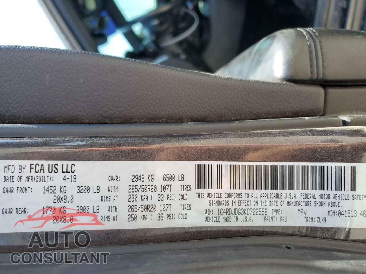 DODGE DURANGO 2019 - 1C4RDJDG3KC722556